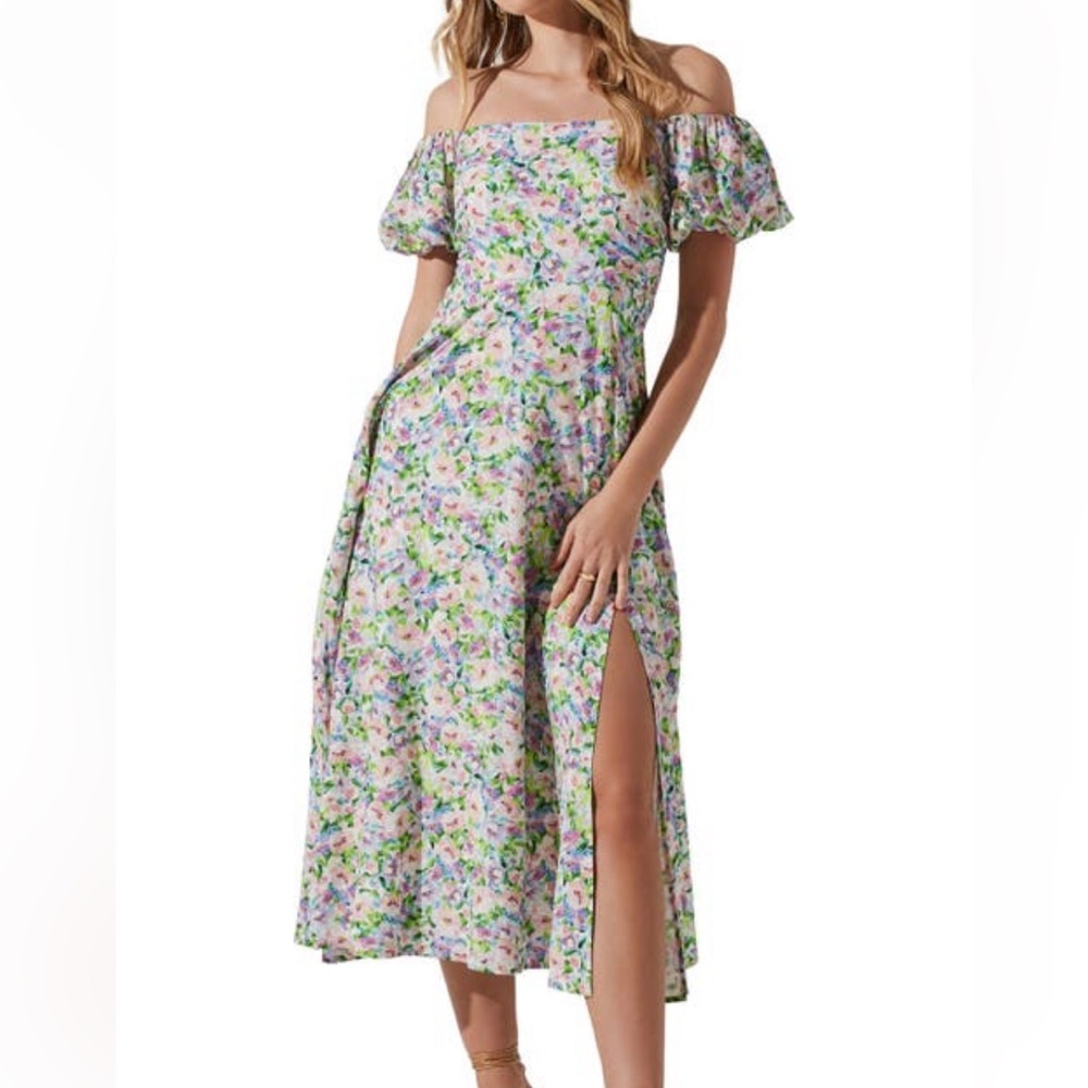 Floral Off-Shoulder Midi Dress in Pastel Multi